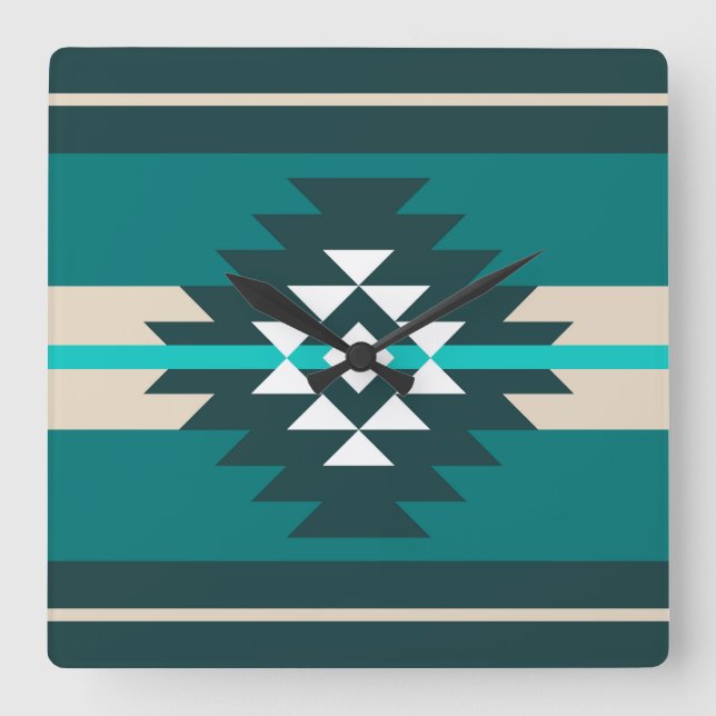 Aztec-design i turkos färg fyrkantig klocka (Framsida)