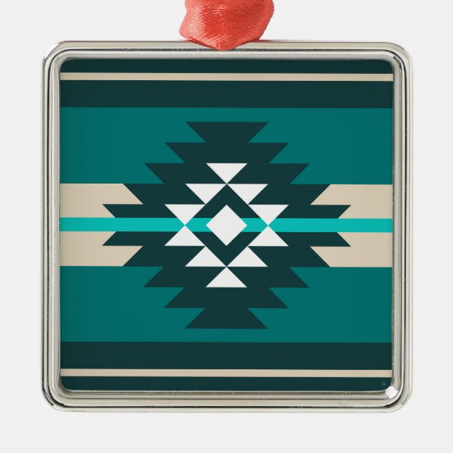 Aztec-design i turkos färg julgransprydnad metall (Framsidan)