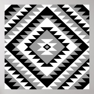 Aztec Diamond Motif Design Black White Grått Poster