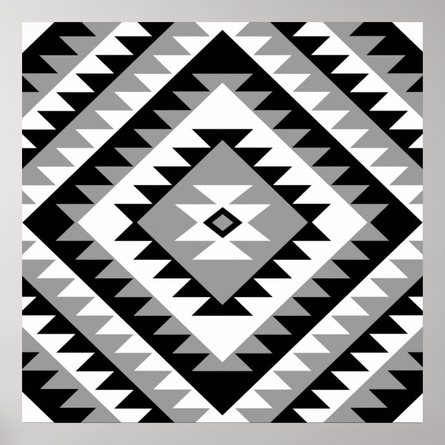Aztec Diamond Motif Design Black White Grått Poster (Framsidan)