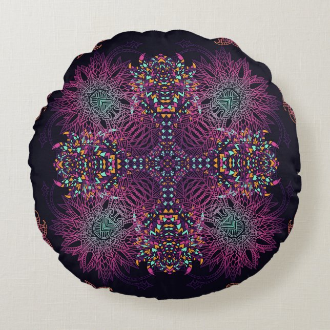Aztec-geometri, vintage sömlös mönster. rund kudde (Framsidan)