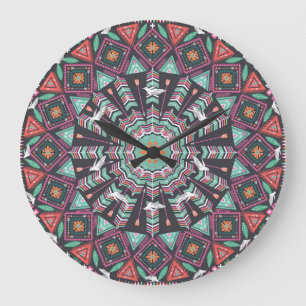 Aztec Geometric: Colorful Circle Mönster Stor Klocka