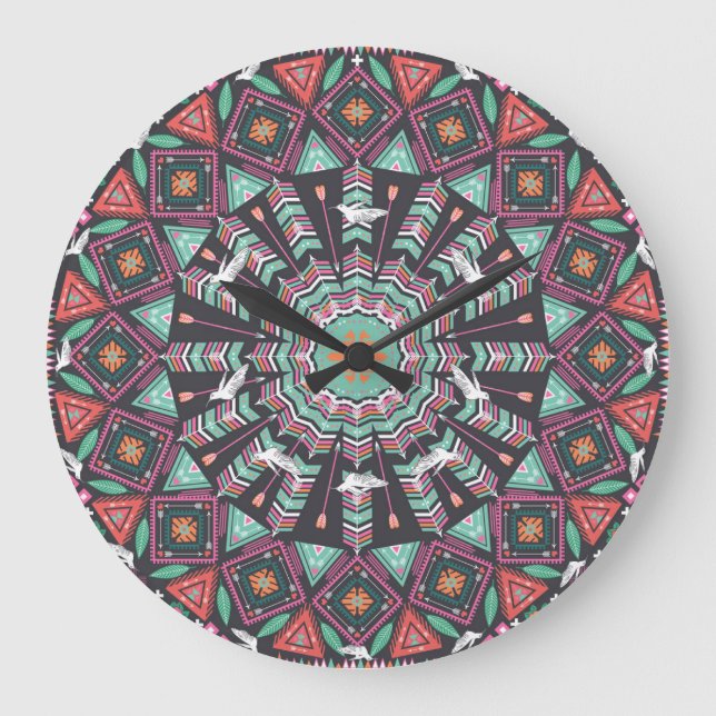Aztec Geometric: Colorful Circle Mönster Stor Klocka (Framsida)