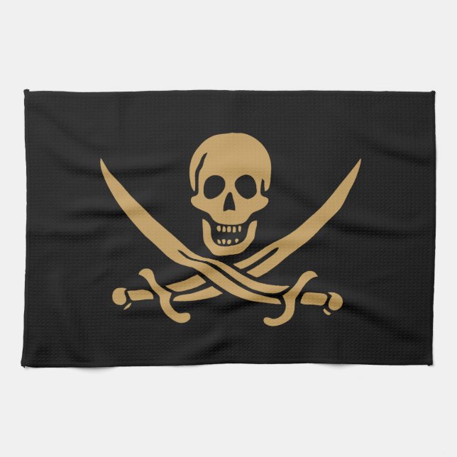 Aztec Gold Skull & Cutlass Pirat Calico Jack Kökshandduk (Horisontell)