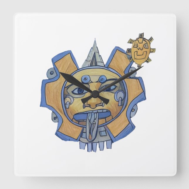 Aztec Gold Sun Square Wall Clock Mayan Fyrkantig Klocka (Framsida)