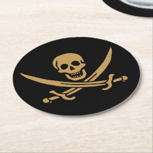Aztec Guld Dödskalle & Sabel Sjöpirat Calico Jack Underlägg Papper Rund