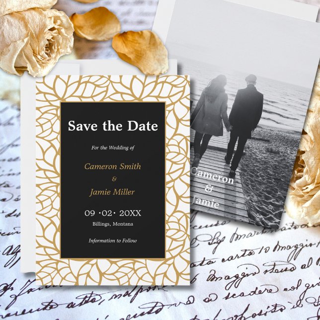 Aztec Guld Färg Foliage Disposition Spara datum Inbjudningar (Aztec Gold Color Foliage Outline Save The Date Invitation)