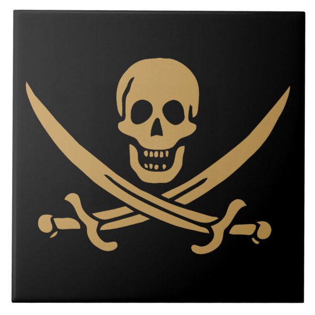 Aztec Guld Skull & Cutlass Pirat Calico Jack Kakelplatta (Framsidan)