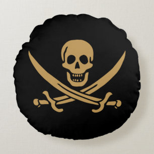 Aztec Guld Skull & Cutlass Pirat Calico Jack Rund Kudde