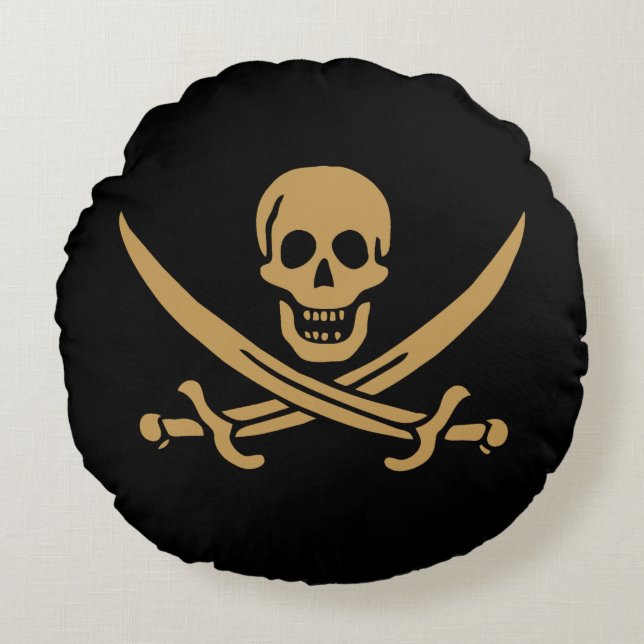 Aztec Guld Skull & Cutlass Pirat Calico Jack Rund Kudde (Framsidan)
