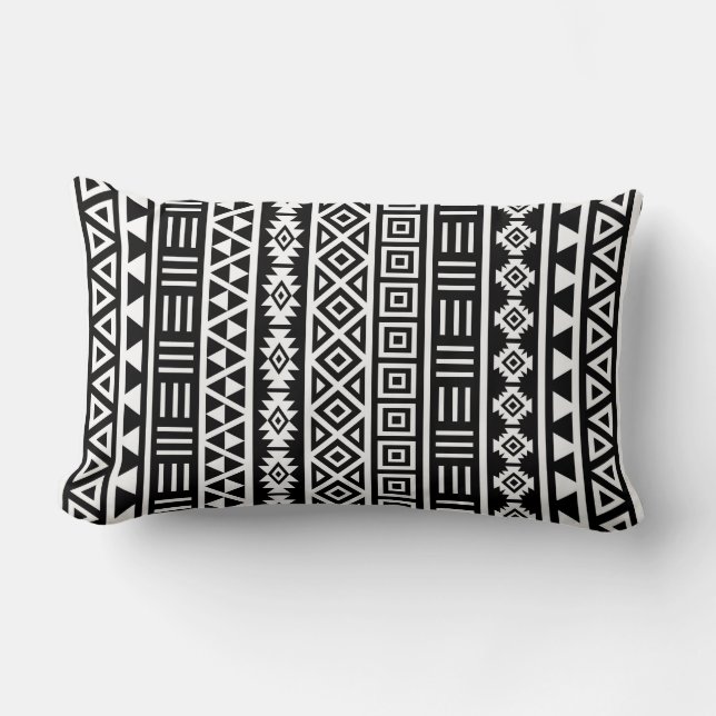 Aztec Influence Lodrät Ptn White på Black Lumbarkudde (Framsida)