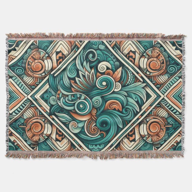 Aztec-Inspired Teal och Terracotta Mönster Filt (Framsidan)