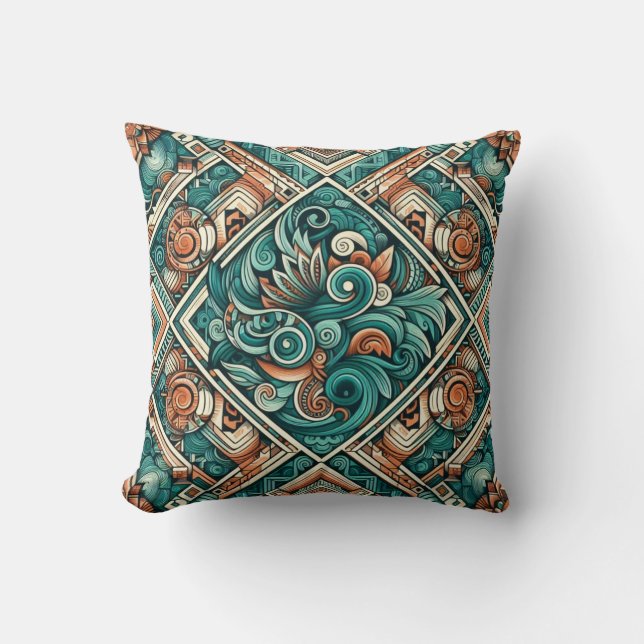 Aztec-Inspired Teal och Terracotta Mönster Kudde (Framsida)