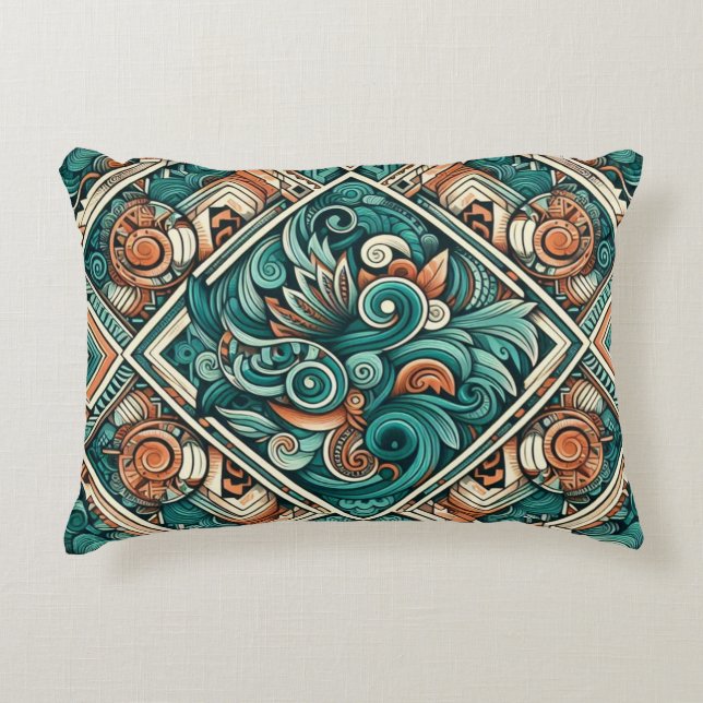 Aztec-Inspired Teal och Terracotta Mönster Prydnadskudde (Framsidan)