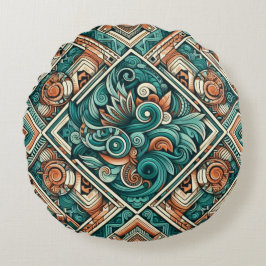 Aztec-Inspired Teal och Terracotta Mönster Rund Kudde