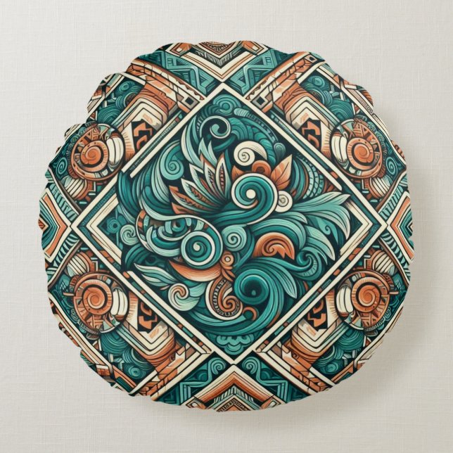 Aztec-Inspired Teal och Terracotta Mönster Rund Kudde (Framsidan)