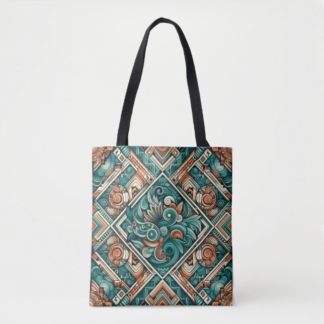 Aztec-Inspired Teal och Terracotta Mönster Tygkasse (Framsida)