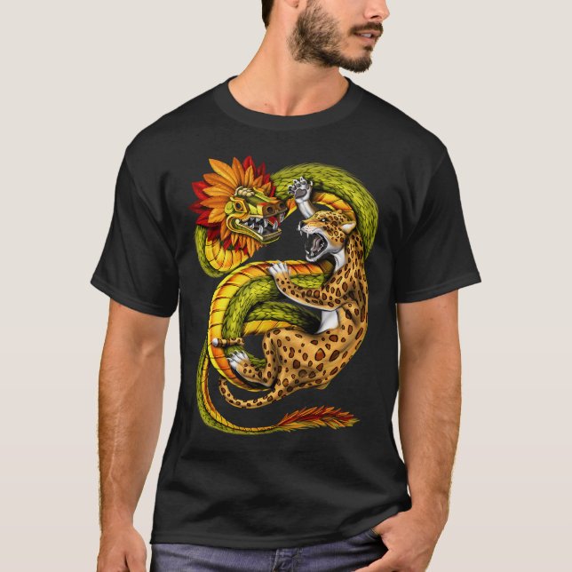 Aztec Jaguar vs Quetzalcoatl T Shirt (Framsida)