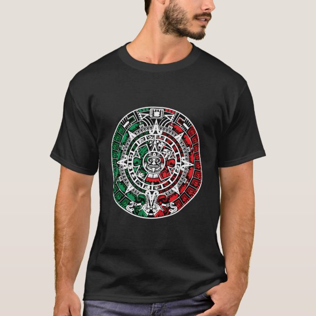 Aztec-kalender med mexikanskt Flagga Färg för Kris T Shirt (Framsida)