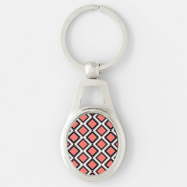 Aztec mönster ovalt silverfärgad nyckelring (Framsidan)