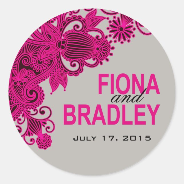 Aztec Paisley - fuschia grått Runt Klistermärke (Framsida)