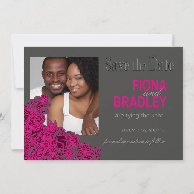 Aztec Paisley Photo Save Date fuschia Spara Datumet (Framsida)