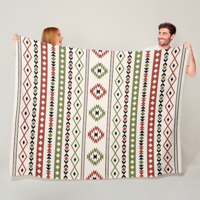 Aztec Rust Grönt Black Cream Mixed Motifs Mönster Fleecefilt (På plats)