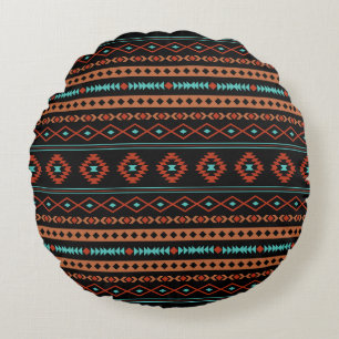 Aztec Rusts Teal Black Mixed Motifs Mönster Rund Kudde