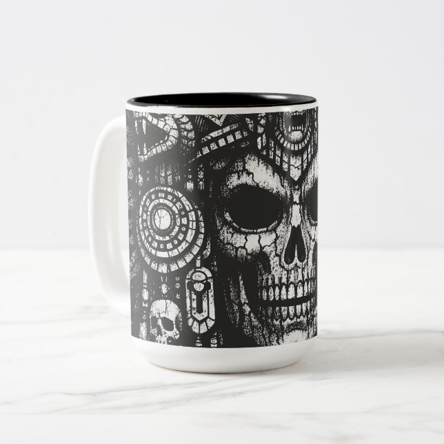 Aztec Skull Headdress av BurnsInHell Två-Tonad Mugg (Framsida vänster)
