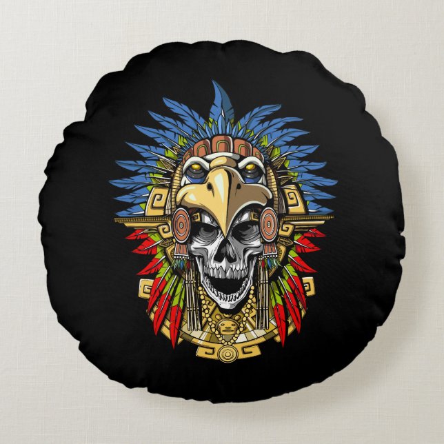 Aztec Skull Warrior Rund Kudde (Framsidan)