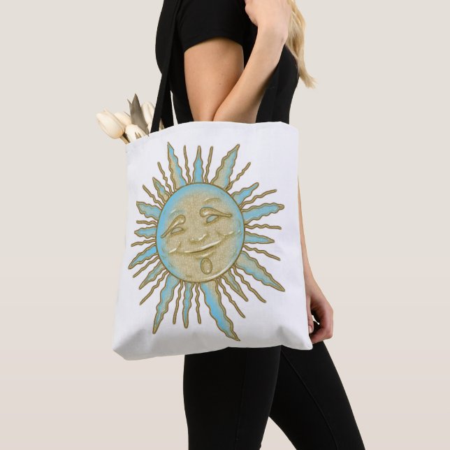 Aztec Smiling Sol Ansikte | Tote Bag Tygkasse (Närbild)