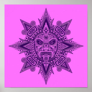 Aztec Sol Mask Lila och Rosa Poster