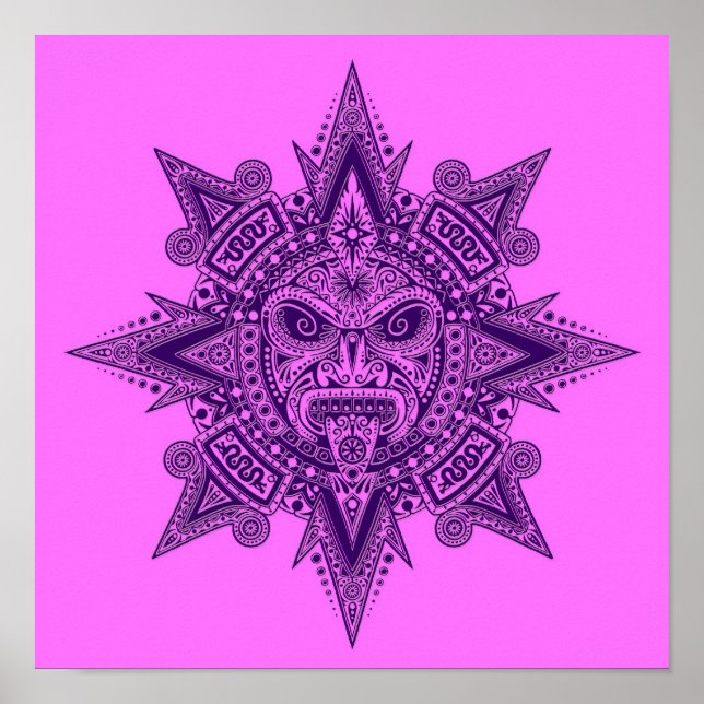 Aztec Sol Mask Lila och Rosa Poster (Framsidan)