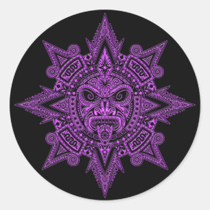 Aztec Sol Mask Lila på Black Runt Klistermärke