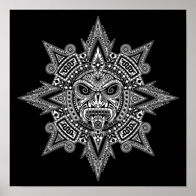 Aztec Sol Mask White på Black Poster (Framsidan)