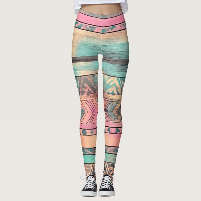 Aztec Southwest Blue and Rosa Tribal Leggings (Framsida)