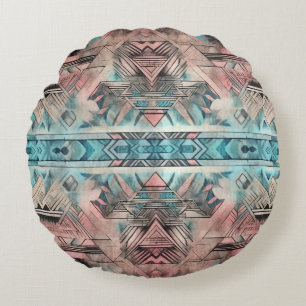 Aztec Southwest Pastel Rosa and Blue Rund Kudde