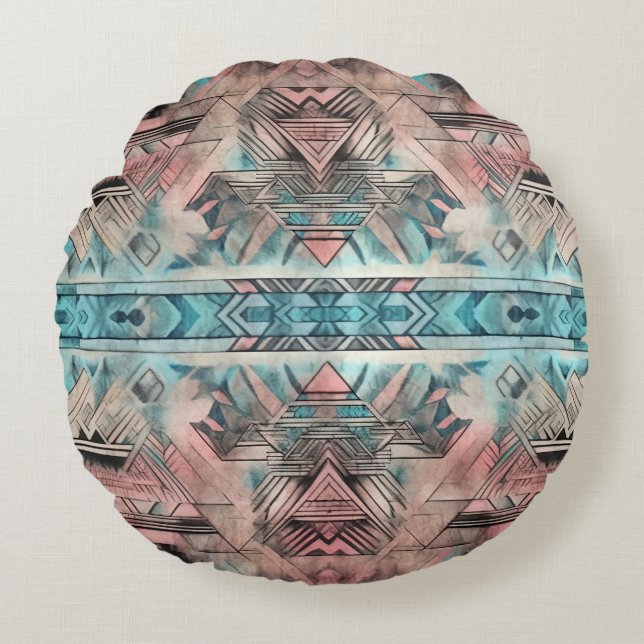 Aztec Southwest Pastel Rosa and Blue Rund Kudde (Framsidan)