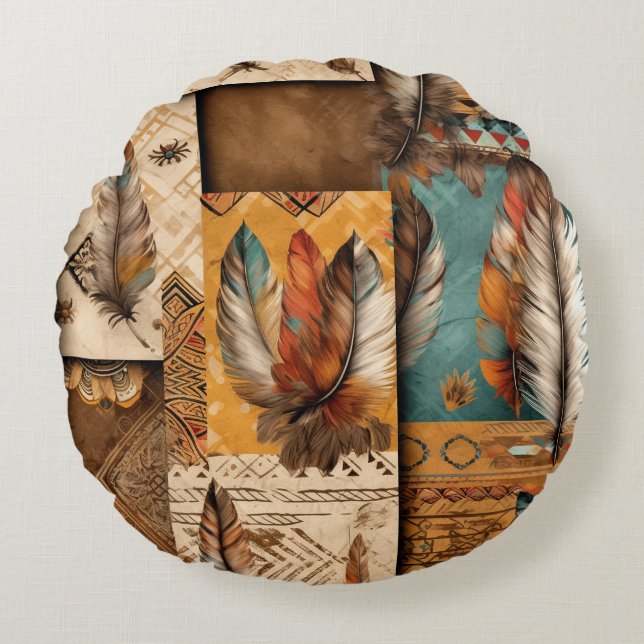 Aztec Southwest Tribal Feathers Rund Kudde (Framsidan)
