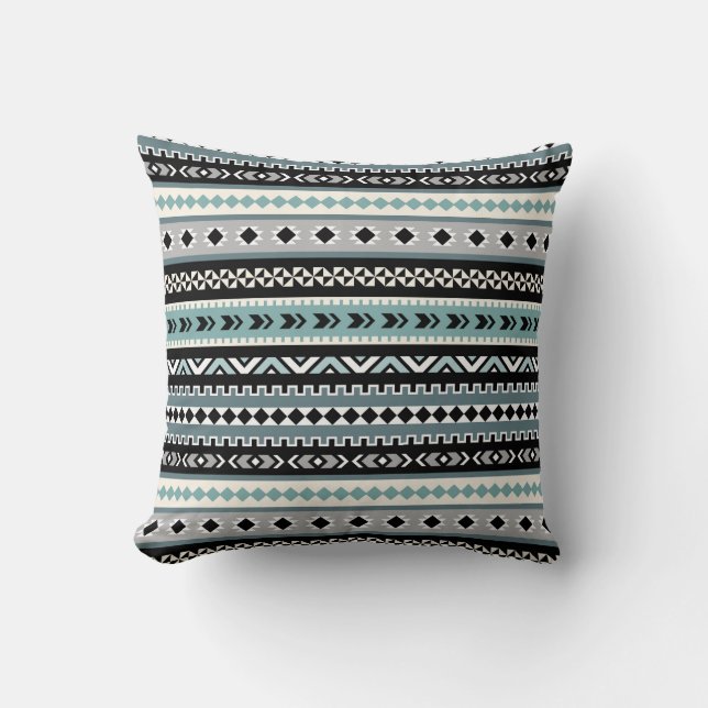 Aztec stam- mönster i Aqua och svart Kudde (Framsida)