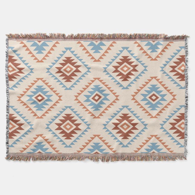Aztec Stil Motif Big Mönster Blue Crm Terracottas Filt (Framsidan)