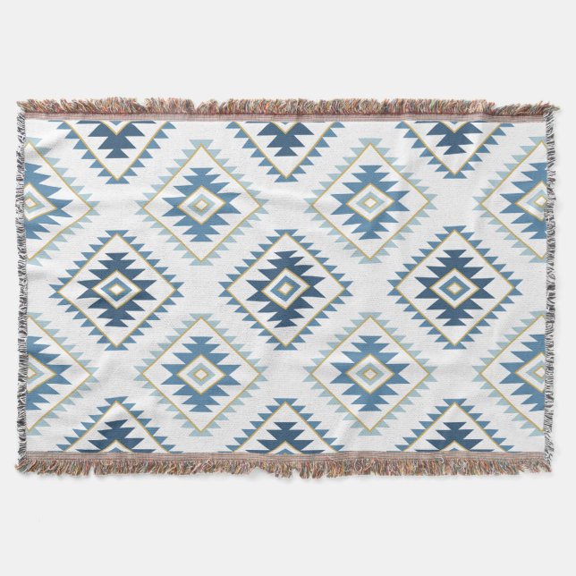 Aztec Stil Motif Big Mönster Blues White Guld Filt (Framsidan)