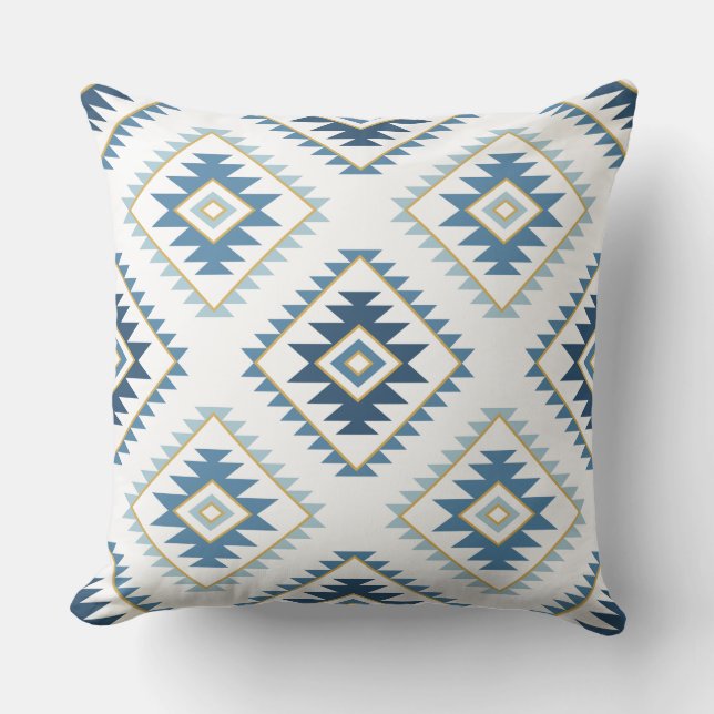 Aztec Stil Motif Big Mönster Blues White Guld Kudde (Framsida)