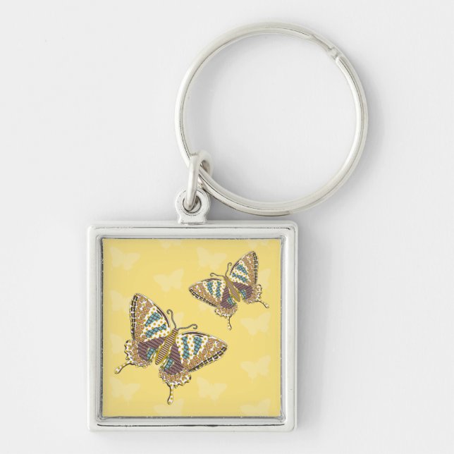 Aztec Swallowtail Keychain Fyrkantig Silverfärgad Nyckelring (Framsidan)
