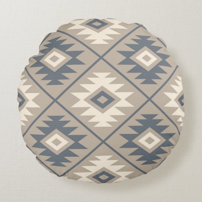 Aztec-symbol med stiliserad lg Ptn Blue Cream Sand Rund Kudde (Framsidan)