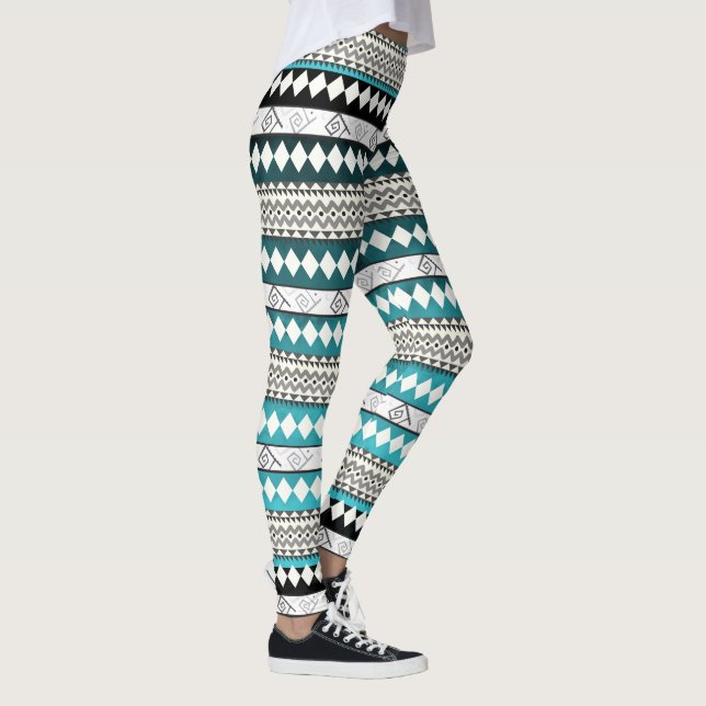 Aztec Teal Blue Geometric Abstrakt Mönster Leggings (Höger)