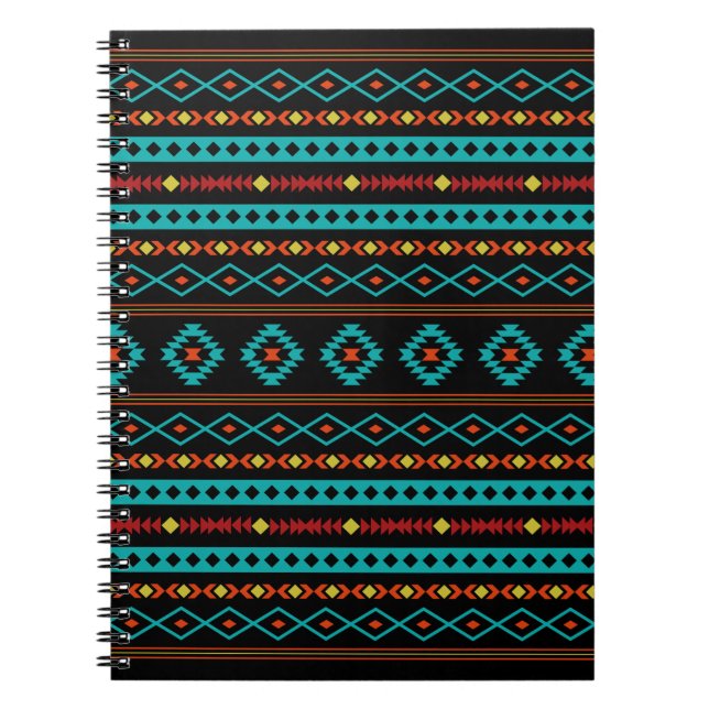 Aztec Teal  Gult Black Mixed Motifs Mönster Anteckningsbok (Framsidan)