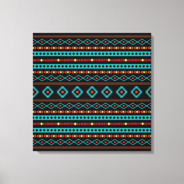Aztec Teal  Gult Black Mixed Motifs Mönster Canvastryck (Framsida)