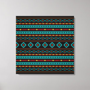 Aztec Teal Gult Black Mixed Motifs Mönster Canvastryck