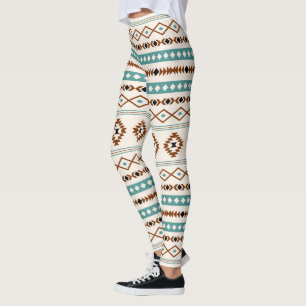 Aztec Teal Terracotta Blk Crm Mixed Motifs Mönster Leggings